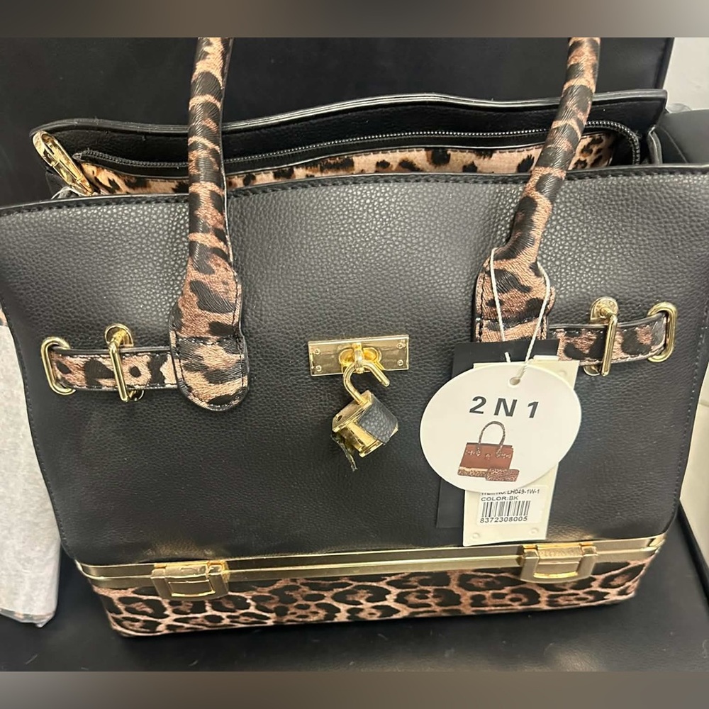 2-in-1 Black and Leopard Print Women’s Satchel - bottom opens into cosmetic part